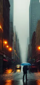 Person with umbrella in rainy city street night scene, glowing lights and reflections.