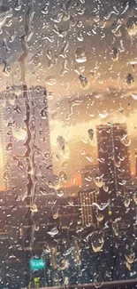 Urban cityscape with raindrops at dusk.