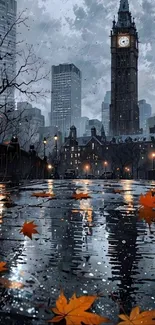 Rainy city scene with autumn leaves and clock tower.