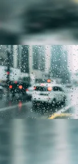 Rainy city view through a wet window with blurred lights.