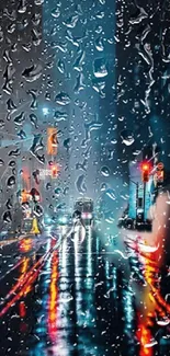 Rainy cityscape with vibrant reflections on a dark and rainy night.