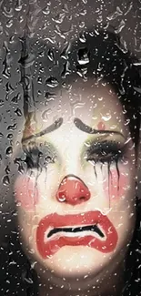 Dramatic clown face behind rain-soaked glass, artistic mobile wallpaper.