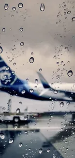 Raindrops on glass with airplane in view, capturing a serene rainy day.