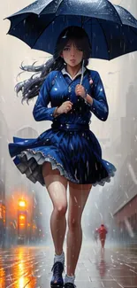 Animated girl with umbrella in rainy city street, wearing blue dress.