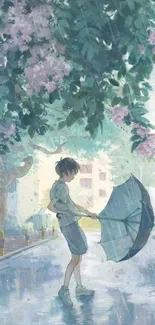 Anime art of child under an umbrella in rain.