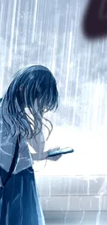 Anime girl in the rain holding a phone, set as mobile wallpaper.