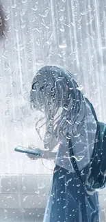 Anime girl with phone in rain, blue tones.