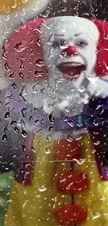 Wallpaper with a clown in rain, vibrant colors and fun design.