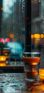 Warm candlelit window view with raindrops and urban glow.