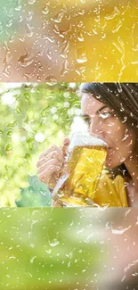 Person drinking in vibrant, rainy scene wallpaper.