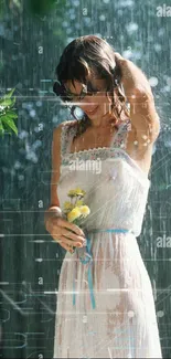 Woman stands in a gentle rain holding flowers, surrounded by lush greenery.