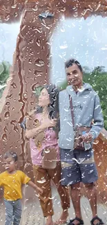 Family enjoying a rainy view through a glass window.