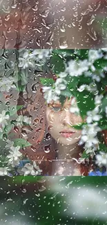 Woman's portrait with rain and flowers on a mobile wallpaper.