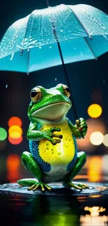 Frog holding a blue umbrella on a rainy day, vibrant and whimsical art.