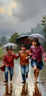 Kids running with umbrellas on a rainy, wet brick path, capturing playful joy.