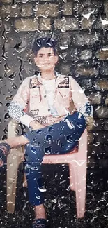 Wallpaper of a young person seen through rain-covered glass.