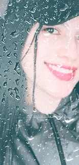 Person smiling behind a rain-speckled window creating a serene atmosphere.