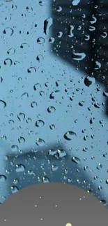 Raindrops on a window with blurry city background.