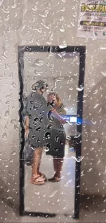 Rainy day reflection of couple in mirror wallpaper.