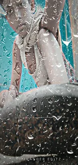 Artistic portrait with raindrops creating a textured visual effect.