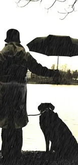 Silhouette of man and dog with umbrella by a lake on a rainy day.