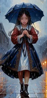 Girl with umbrella on rainy antique street with glowing lights.