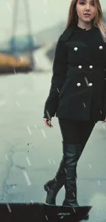 Woman in stylish black coat on rainy city street.