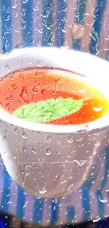 Cup of vibrant tea with green leaf in rain-covered scene.