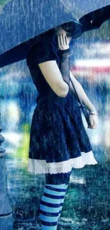 Artistic wallpaper of person with umbrella in rain.