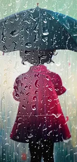 Child in red coat holding umbrella in rain.