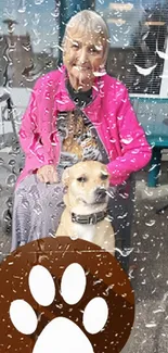 Elderly woman with dog in pink coat, rain drops on window.