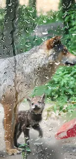 Dog and pup seen through a rainy window, with lush green background.