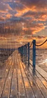 Rainy dock leading into a vibrant orange sunset over the ocean.