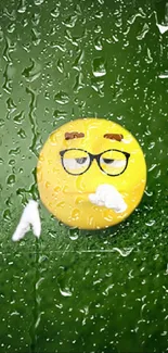 Rainy emoji with glasses on a green background, perfect for mobile wallpaper.