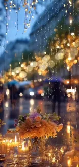 Rainy cityscape with flowers and candles.