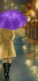 Woman with purple umbrella on a rainy street.