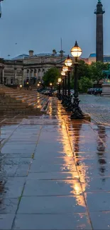 Rainy street with glowing lamppost reflections in blue-gray evening light.