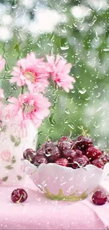 Raindrops on window with pink flowers and cherries in view.