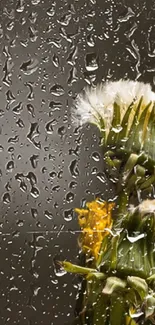 Rain-soaked window with yellow flower view.