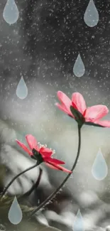 Red flowers in rain with a peaceful backdrop.