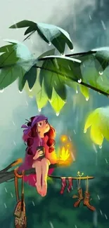 Whimsical animated wallpaper of a girl sitting among lush leafy branches in rain.