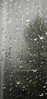 Mobile wallpaper with raindrops on glass and a misty forest background.