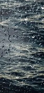 Abstract rainy glass texture in dark tones with water droplets.