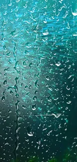 Mobile wallpaper with raindrops on teal glass surface.