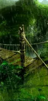 A mystical jungle bridge surrounded by lush greenery in rainy weather.