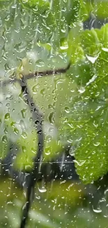 Mobile wallpaper with green leaves and raindrops.