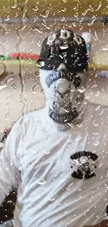 Mysterious masked figure behind rain-covered glass.