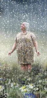 Elderly woman in rain surrounded by wildflowers in a meadow, evoking serenity.