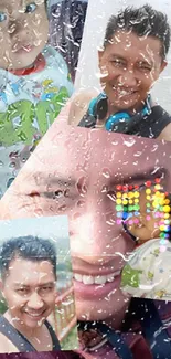 Mobile wallpaper featuring a rain-splashed photo collage with joyful faces.