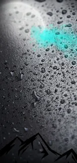 Mobile wallpaper of raindrops on glass with mountains and neon glow.